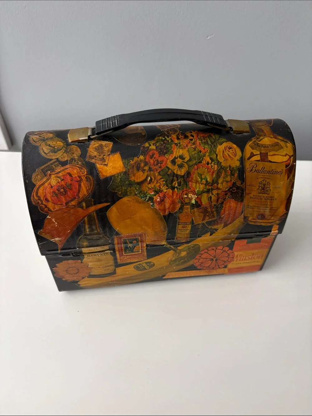 Vintage-Style Black and Brown Graphic Metal Lunchbox Storage Box